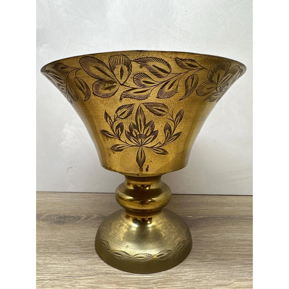 Vintage Solid Brass Floral Etched Footed Vase Planter, Made in India, 8x6.5 Inch